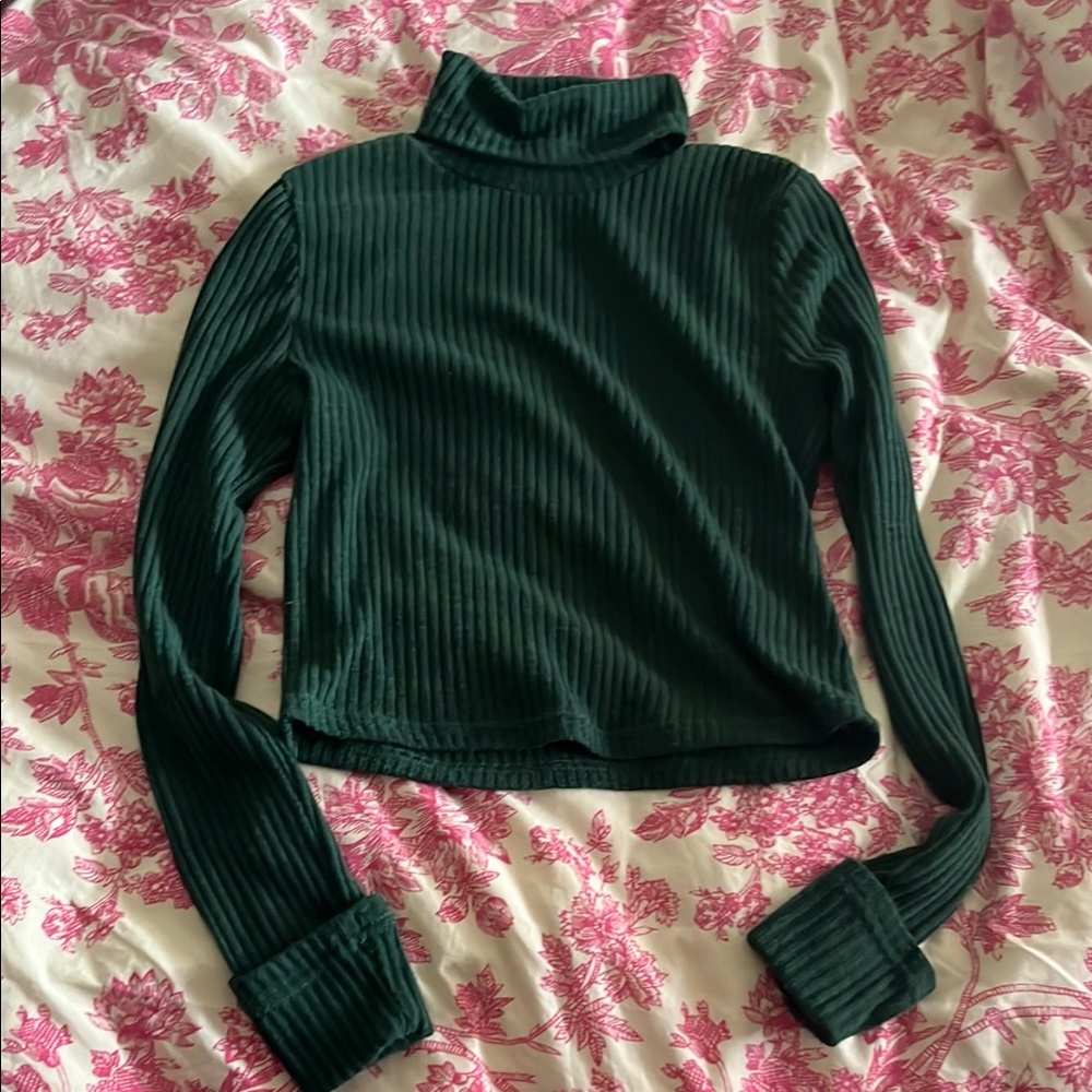 Green Ribbed Turtleneck Sweater